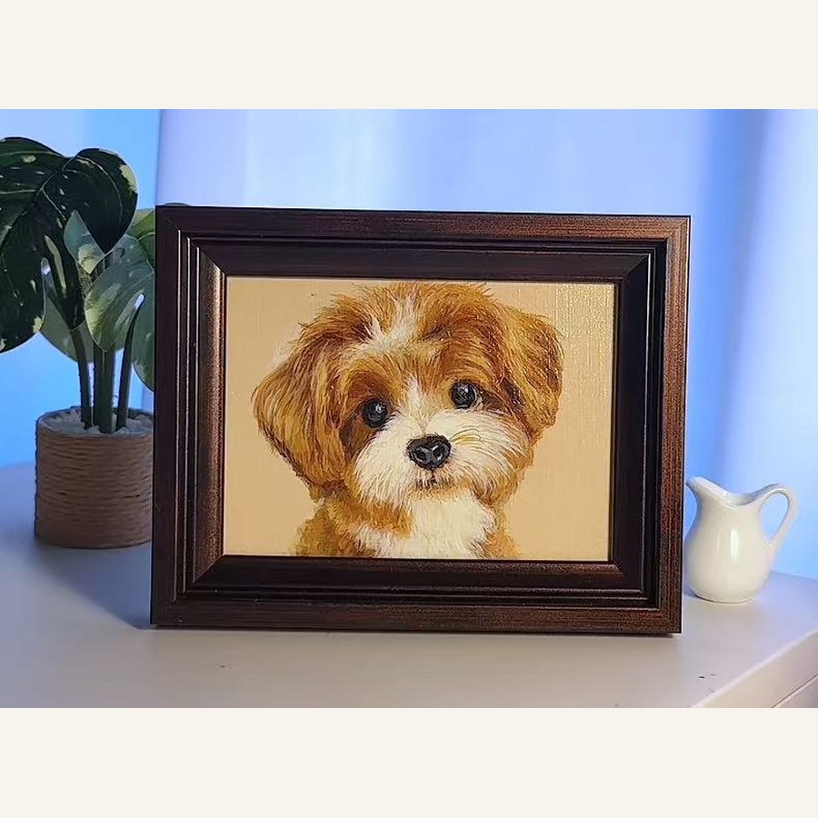 Hand-painted oil portrait of a dog in a wooden frame — the finished piece